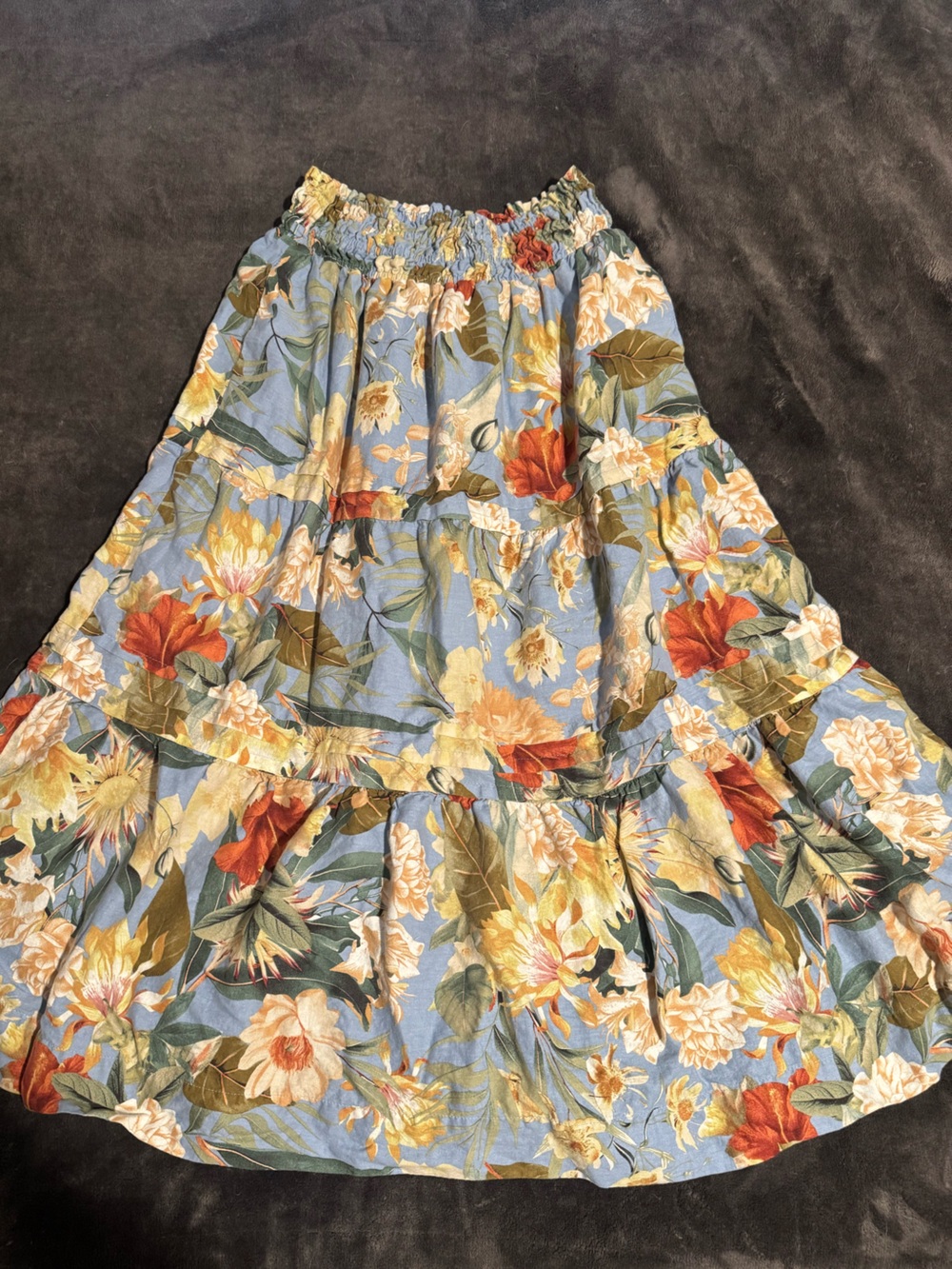 Anthropologie Blue Floral Ruffle Skirt with Orange and Cream Blooms